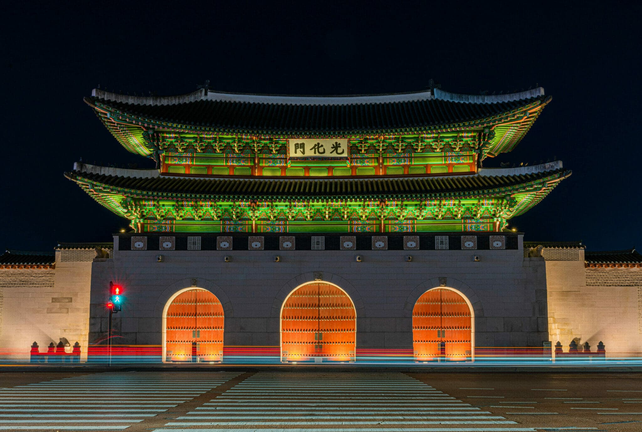 Traditional Korean palace in Seoul at golden hour sunset